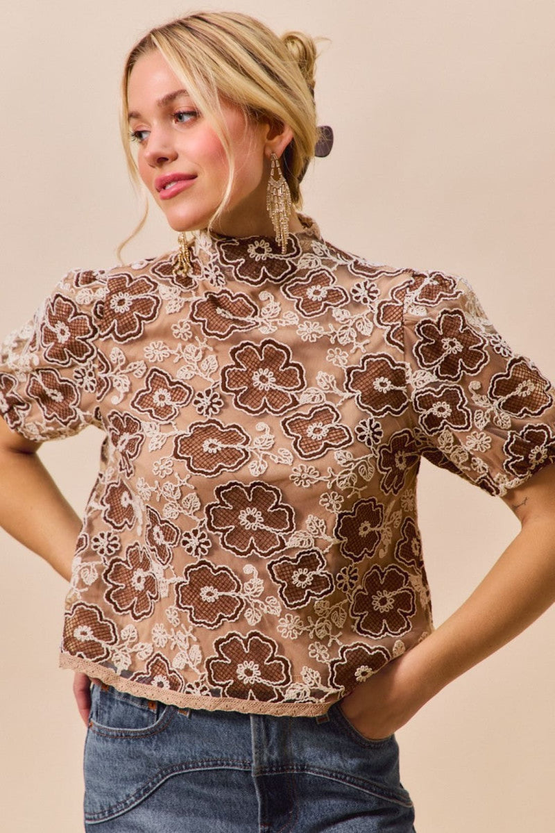 SO ME Texture Floral Mesh Top With Back Button Closure