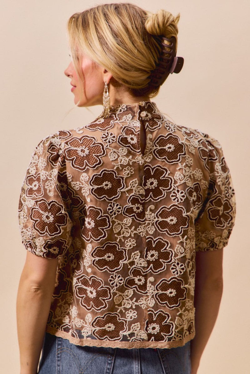 SO ME Texture Floral Mesh Top With Back Button Closure