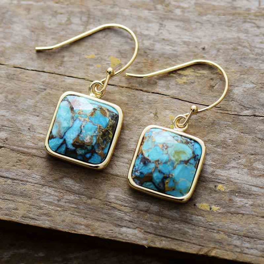 Square Copper Drop Turquoise Stone Earrings