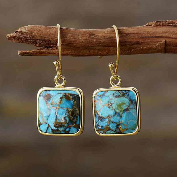 Square Copper Drop Turquoise Stone Earrings