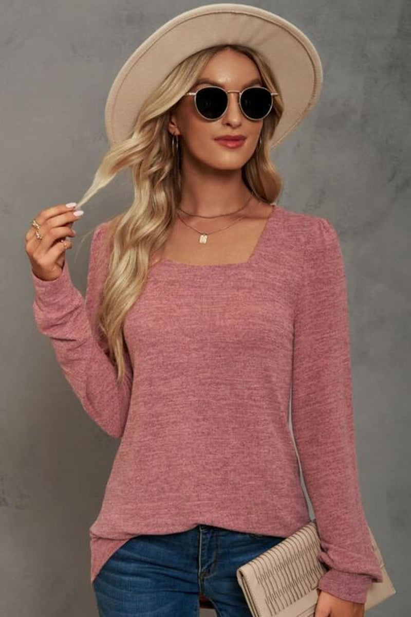 Square Neck Puff Sleeve T-Shirt | Long Tops