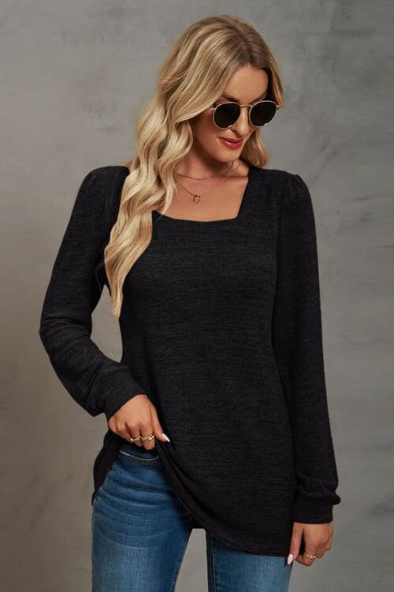 Square Neck Puff Sleeve T-Shirt | Long Sleeve Tops