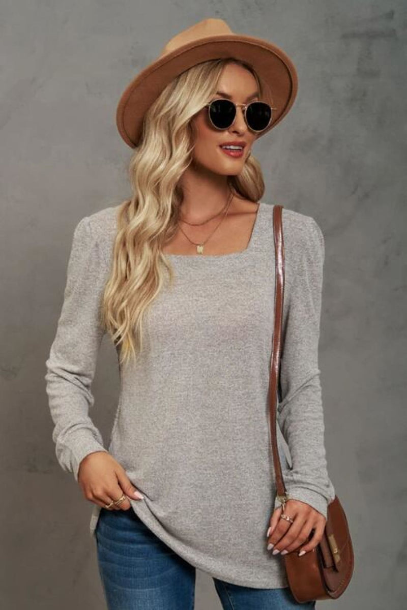 Square Neck Puff Sleeve T-Shirt | Long Tops
