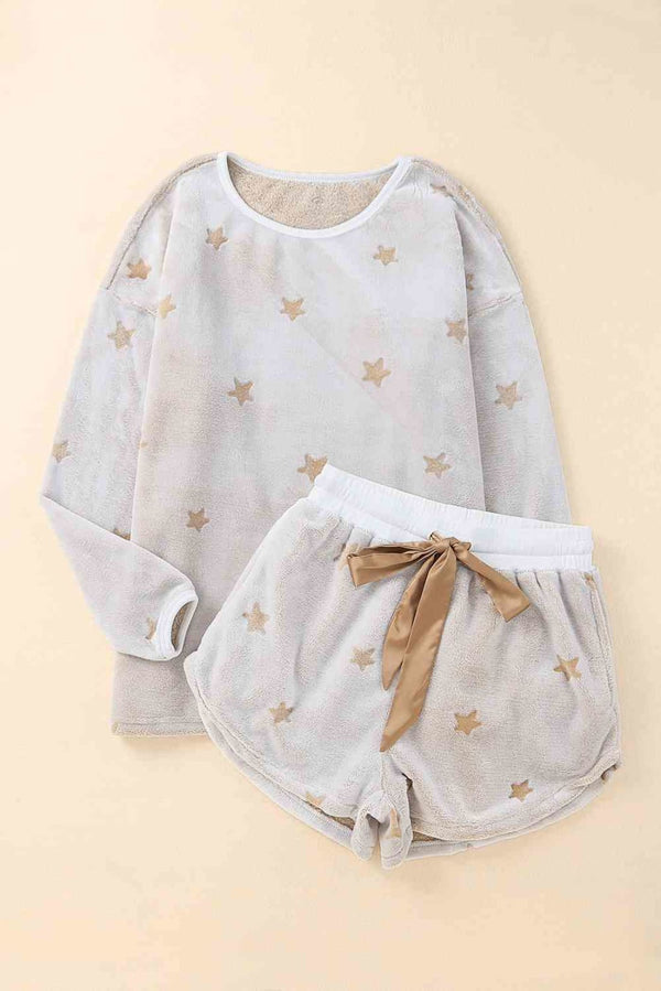 Star Print Velour Top and Shorts Lounge Set