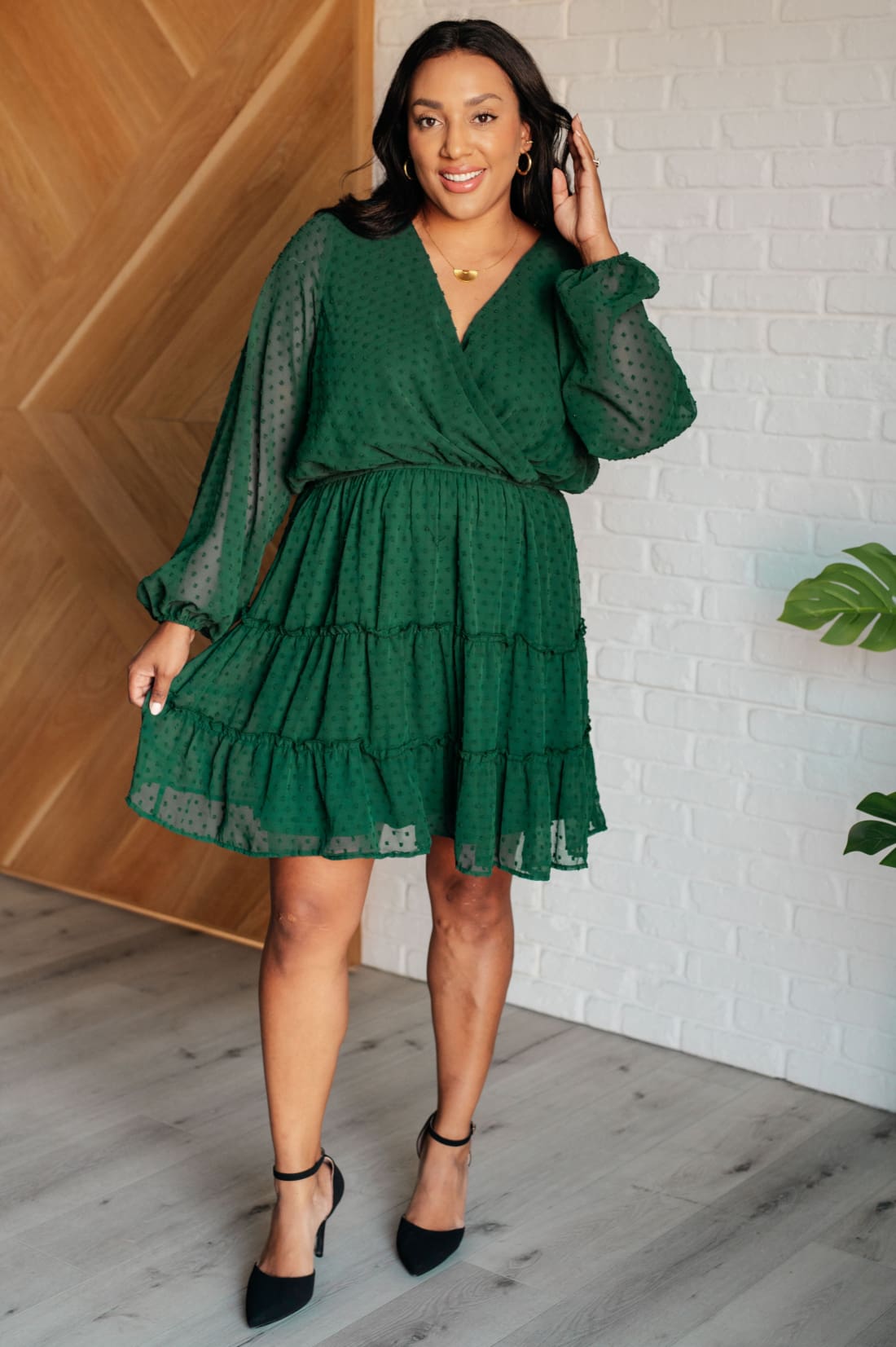 Starlit Glow V-Neck Tiered Dress in Hunter Green | mini Dresses