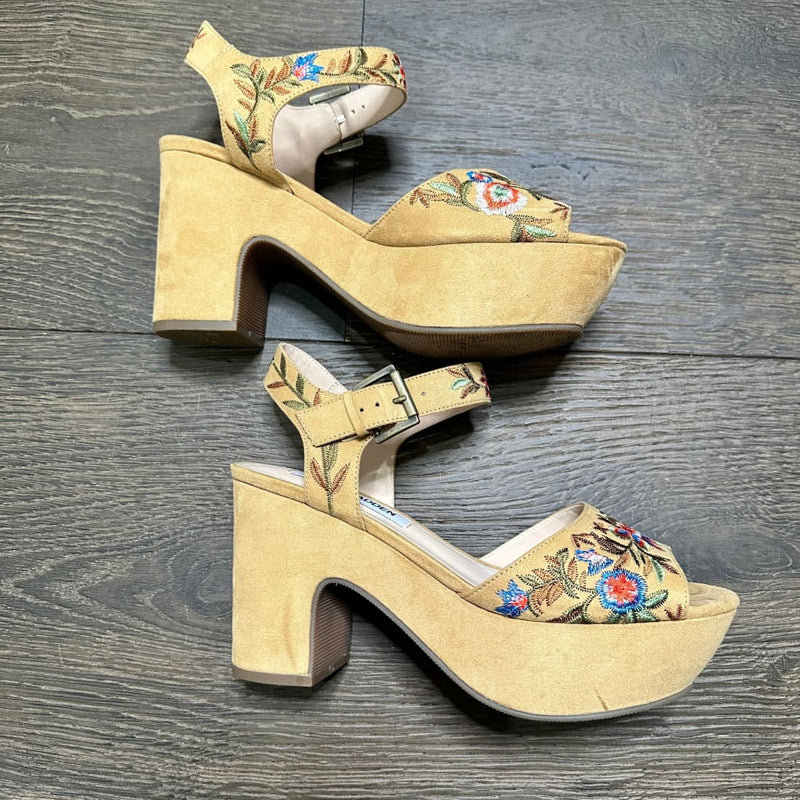 Steve Madden Leni Embroidered Chunky Suede Platform Sandal Khaki 9M