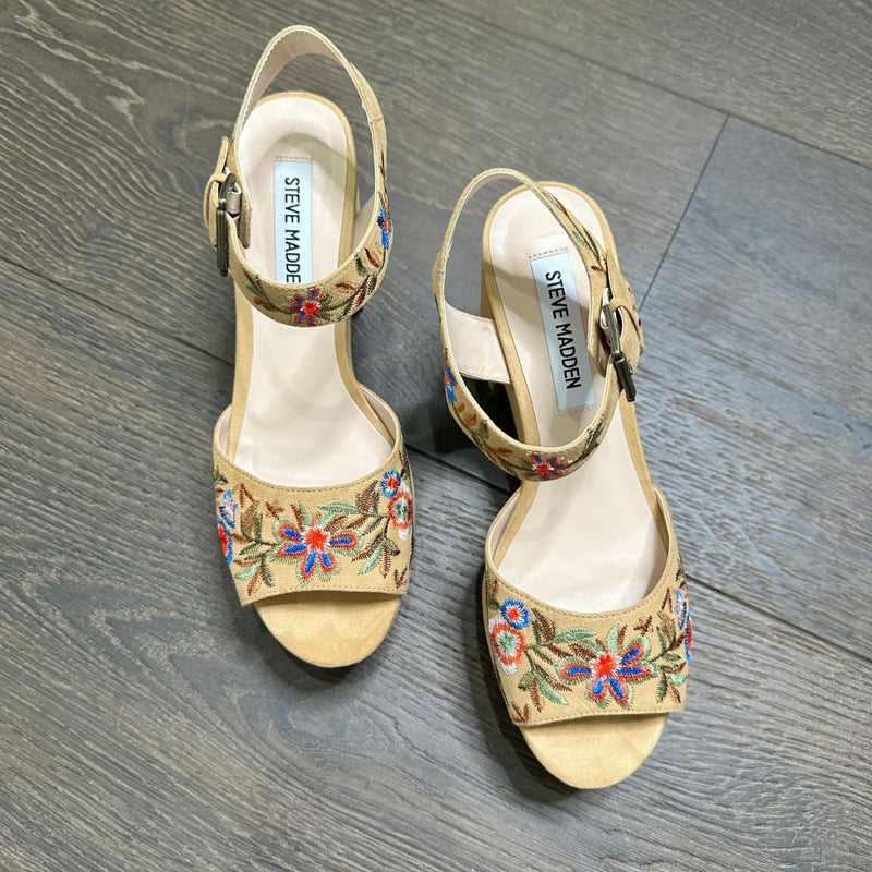 Steve Madden Leni Embroidered Chunky Suede Platform Sandal Khaki 9M