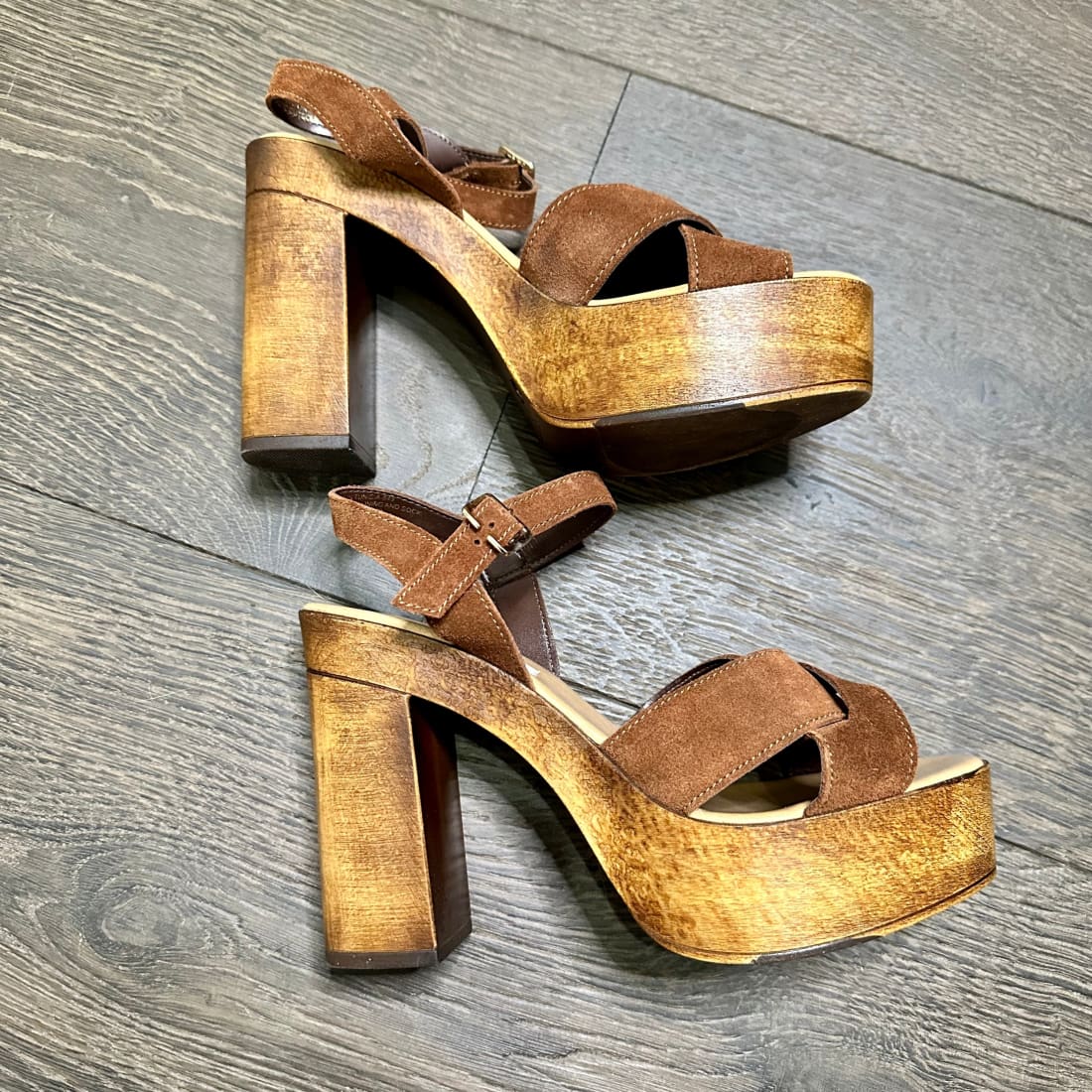 Steve Madden Liveana Chestnut Suede Tall Chunky Platform Sandals 10M Pre-Owned | sandals