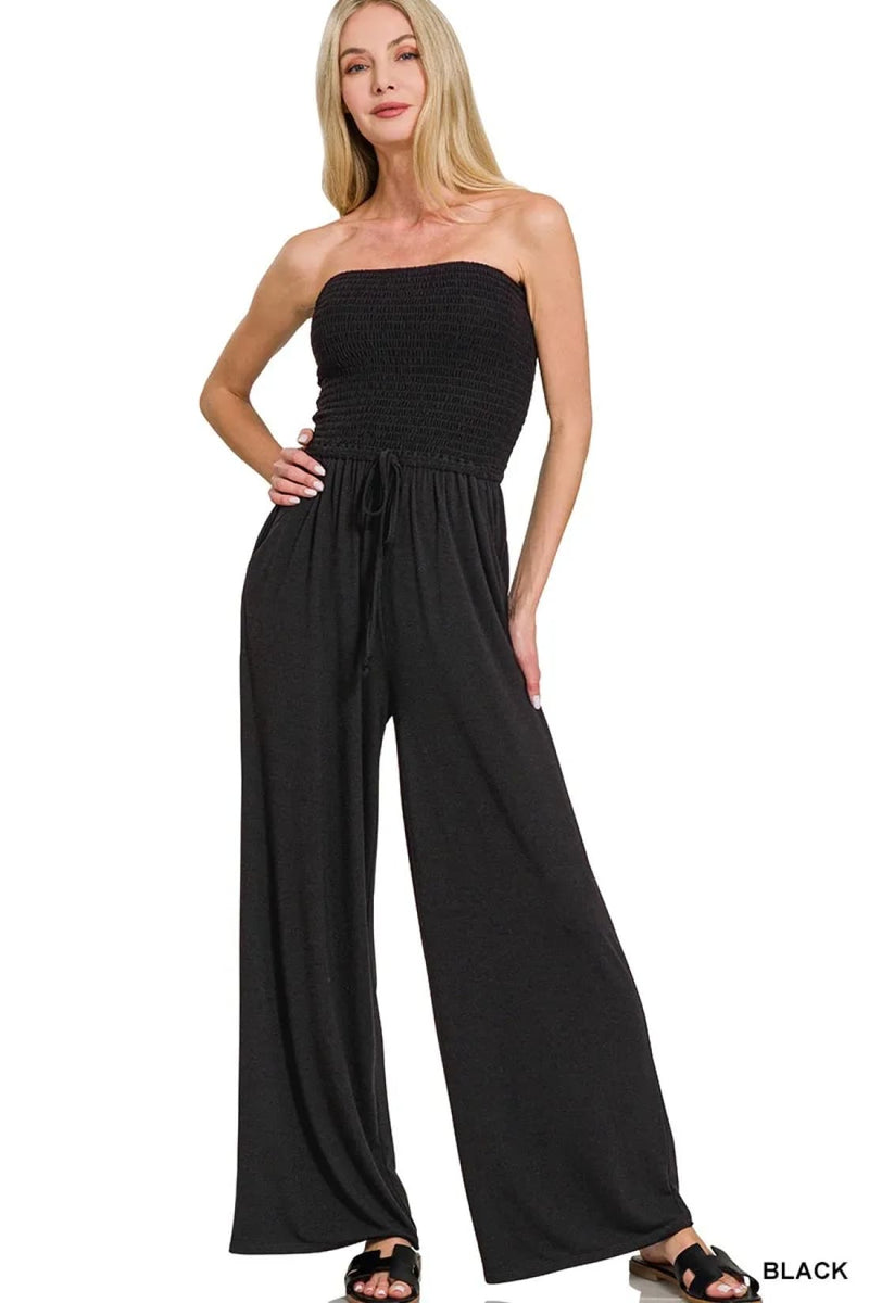 Strapless Wide Leg Smocked Jumpsuit