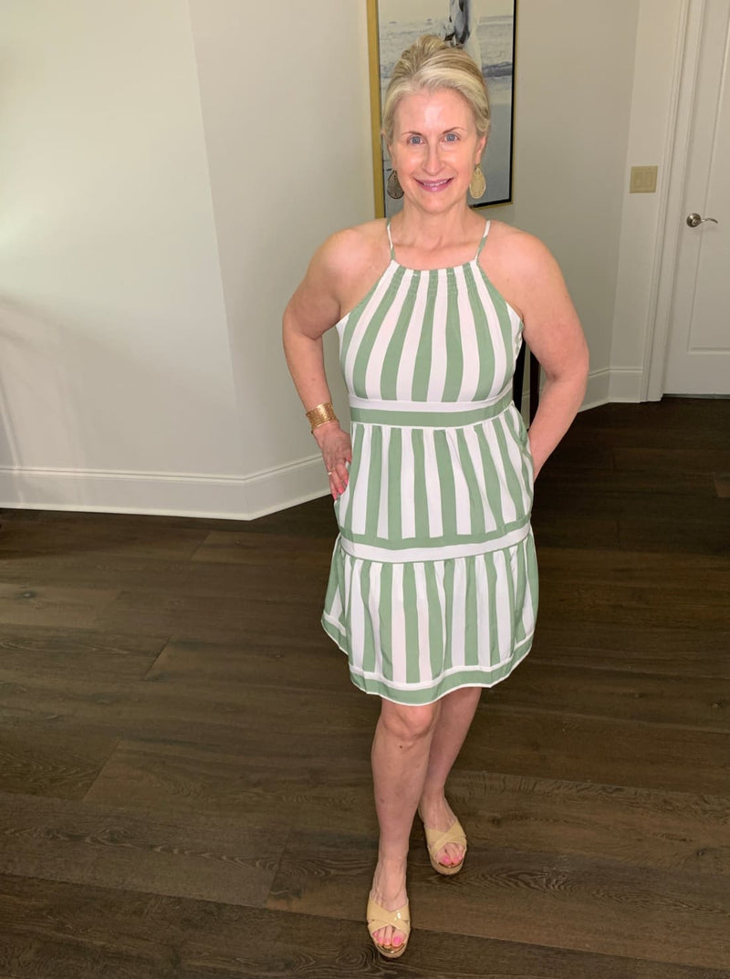 Stripe Halter Neck Spaghetti Strap Dress with Smocked Detail in Sage