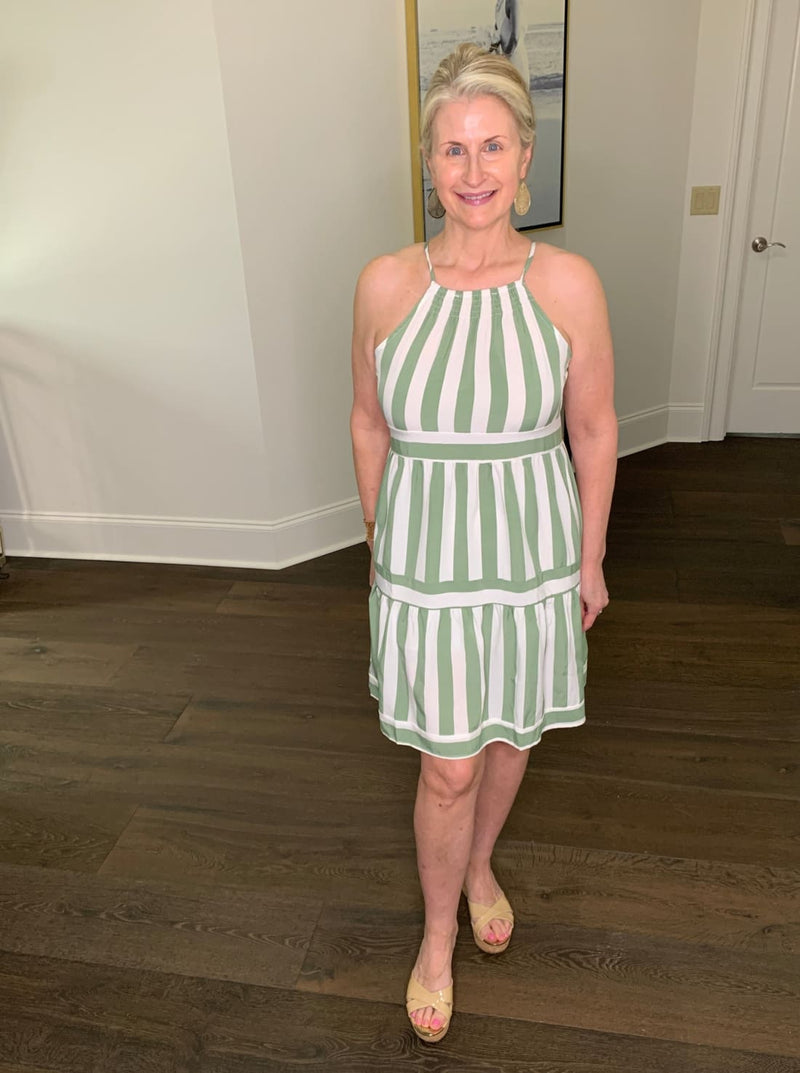Stripe Halter Neck Spaghetti Strap Dress with Smocked Detail in Sage