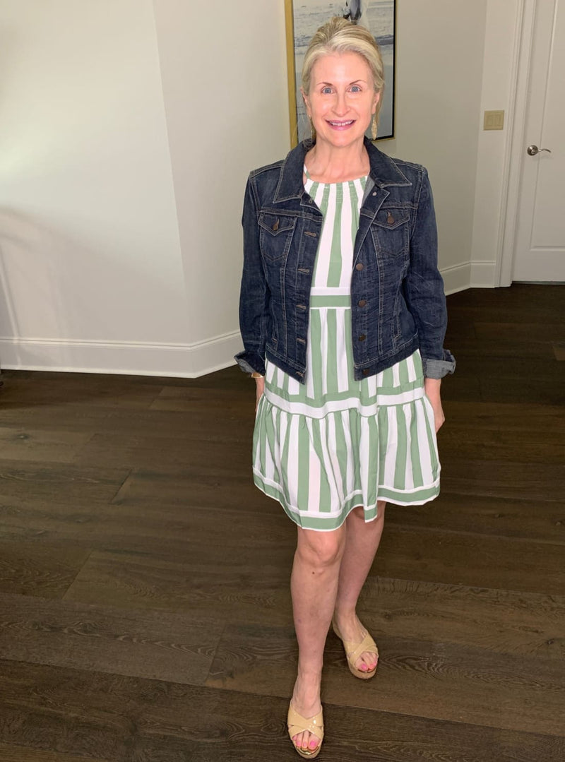 Stripe Halter Neck Spaghetti Strap Dress with Smocked Detail in Sage