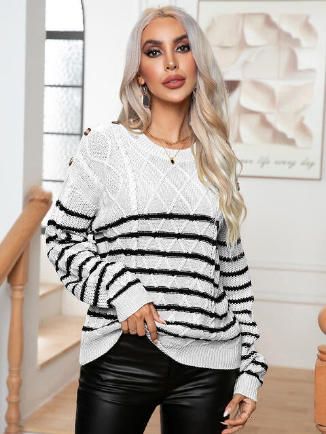 Striped Round Neck Cable-Knit Sweater | Sweaters & Cardigans