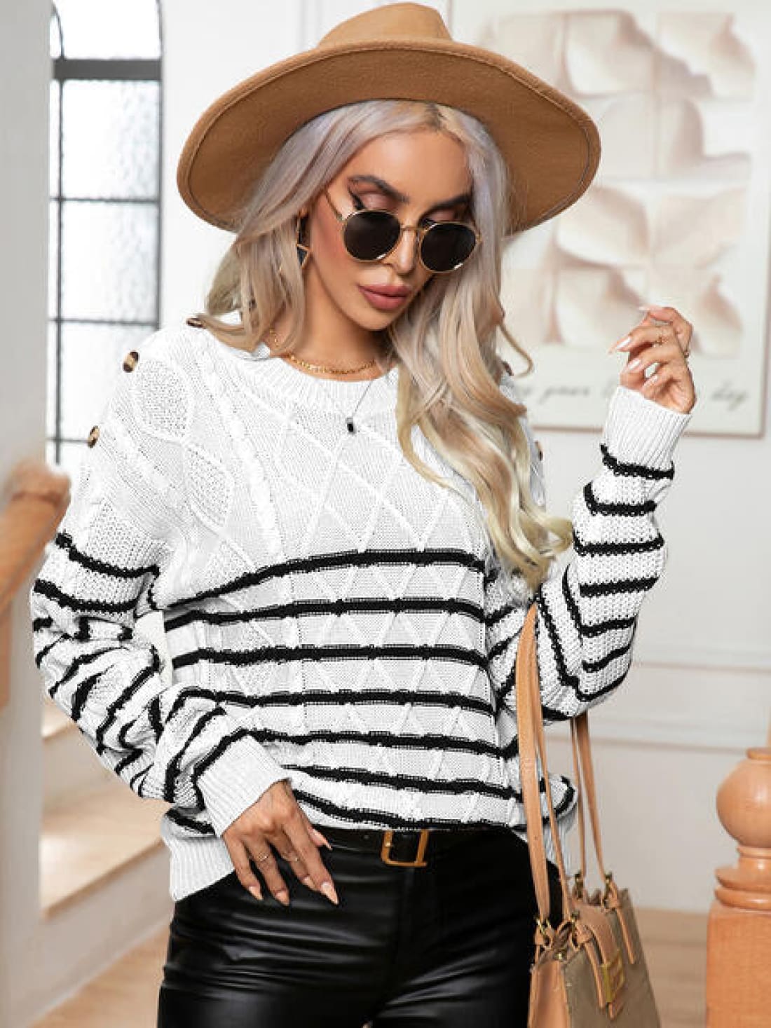 Striped Round Neck Cable-Knit Sweater | Sweaters & Cardigans