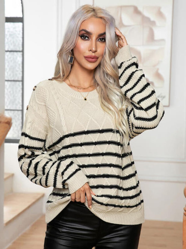 Striped Round Neck Cable-Knit Sweater | Sweaters & Cardigans