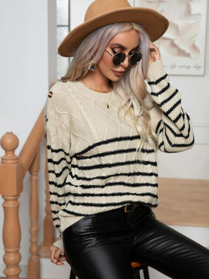 Striped Round Neck Cable-Knit Sweater | Sweaters & Cardigans