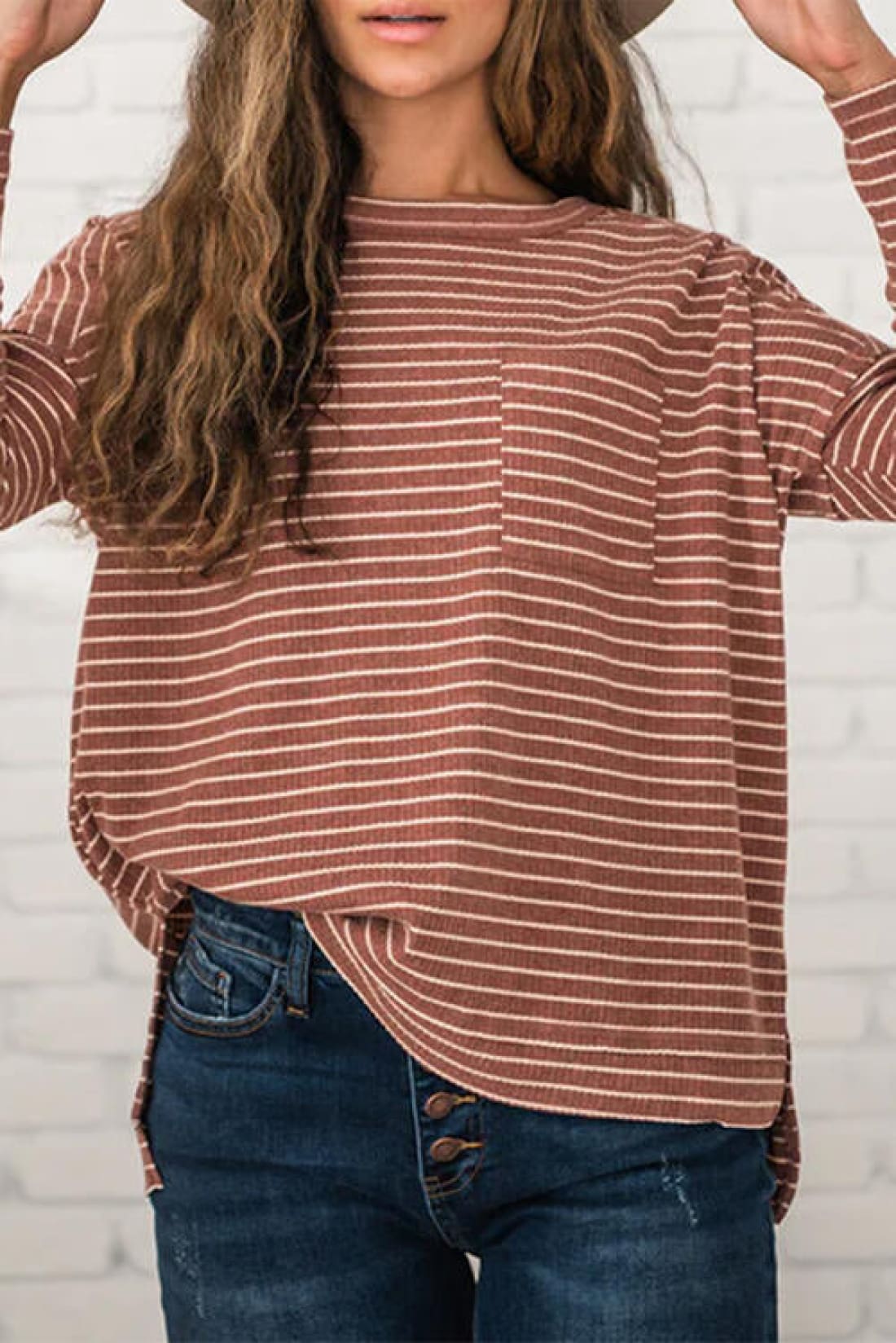 Striped Round Neck Long Sleeve Slit T-Shirt | Long Sleeve Tops