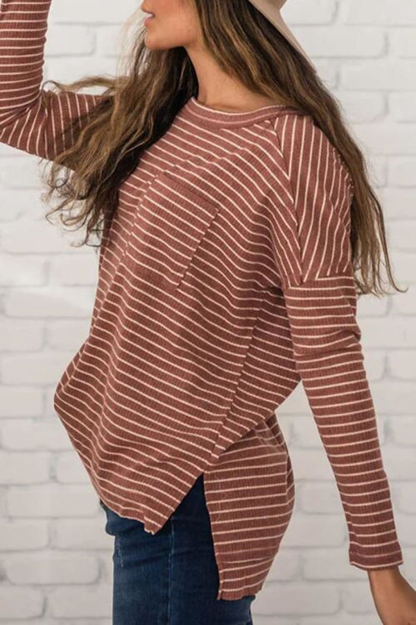 Striped Round Neck Long Sleeve Slit T-Shirt | Long Sleeve Tops