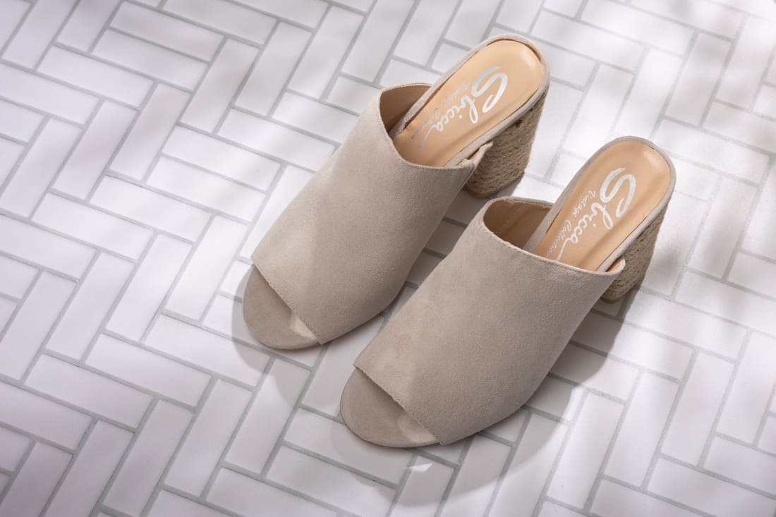 Suede Open Toe Mules in Iced Grey | mules