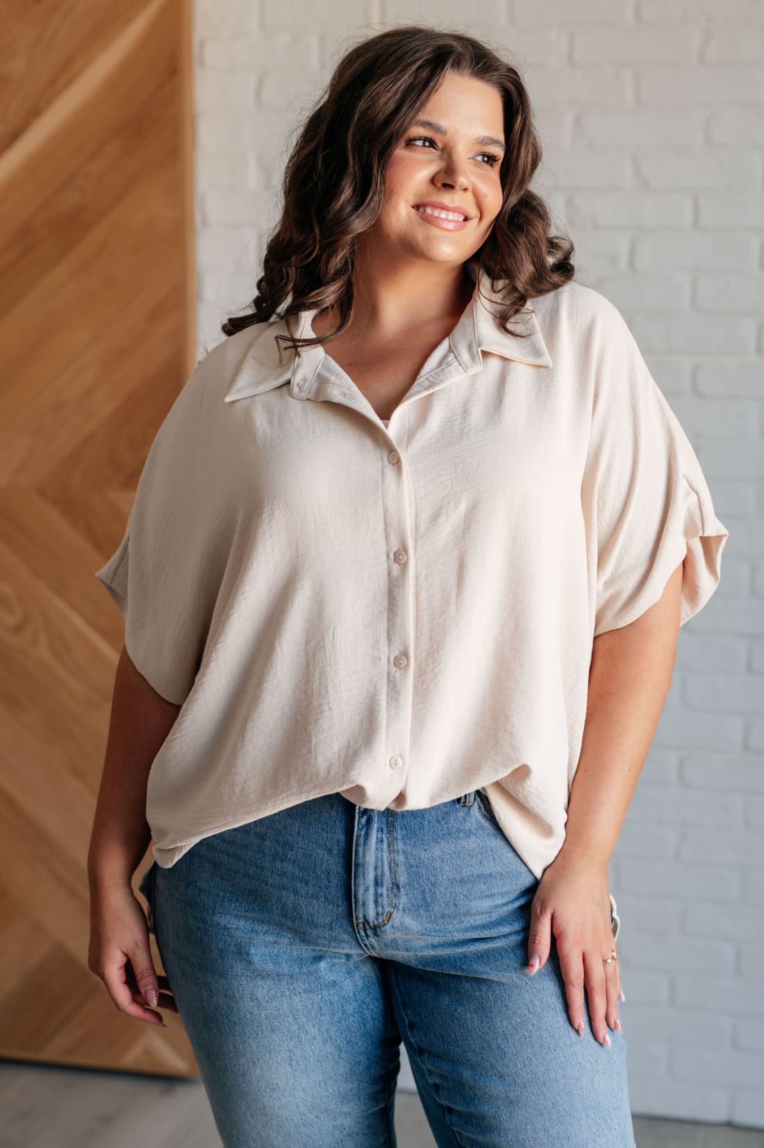 Sweet Simplicity Button Down Blouse in Oatmeal | Tops