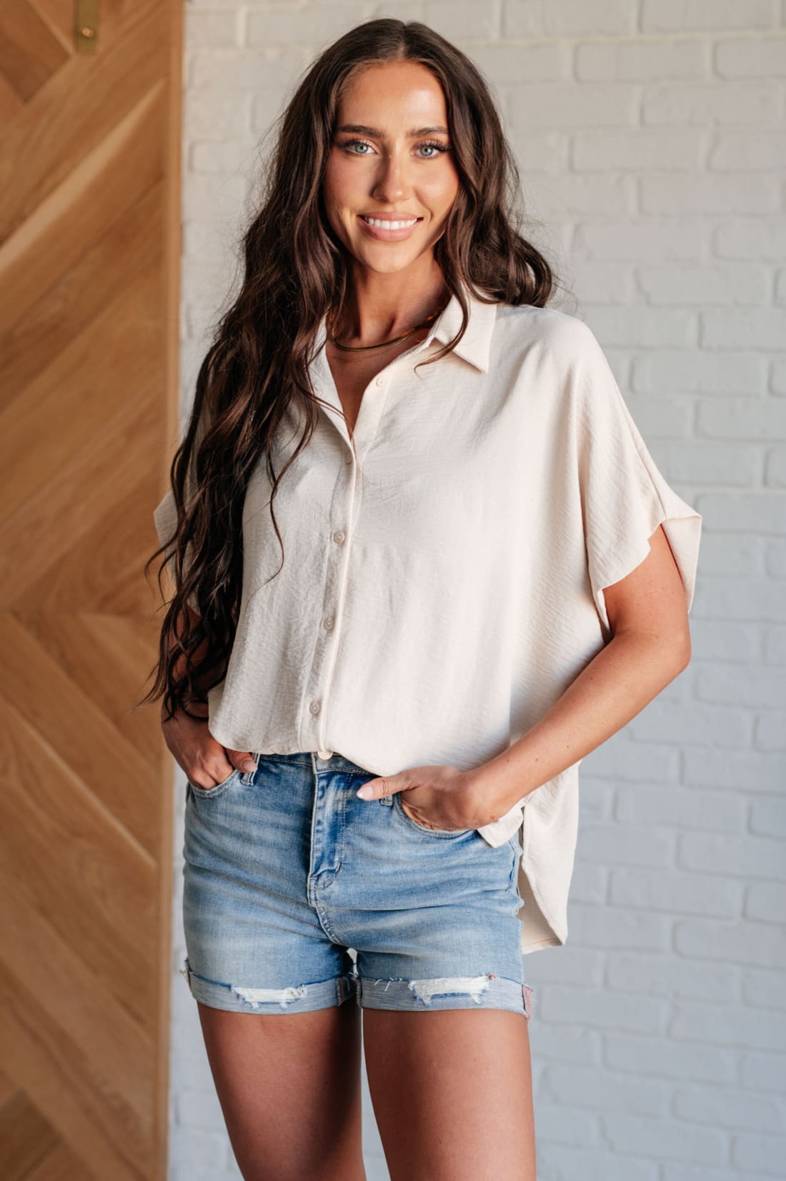 Sweet Simplicity Button Down Blouse in Oatmeal | Tops