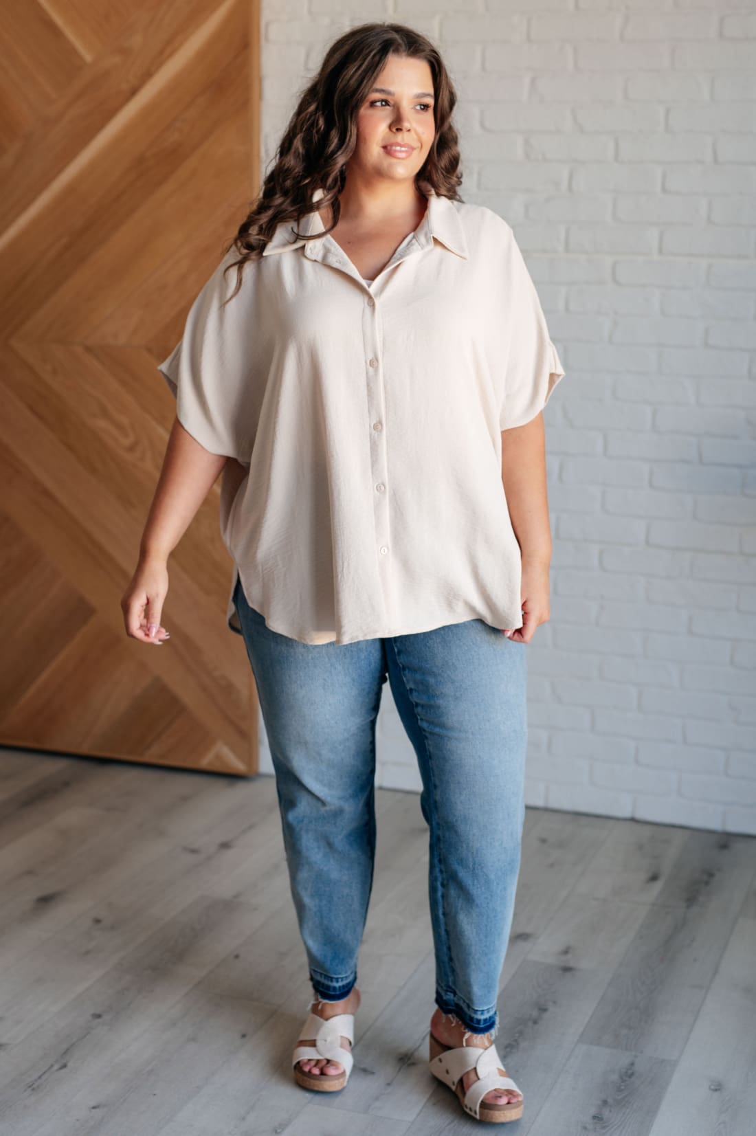 Sweet Simplicity Button Down Blouse in Oatmeal | Tops