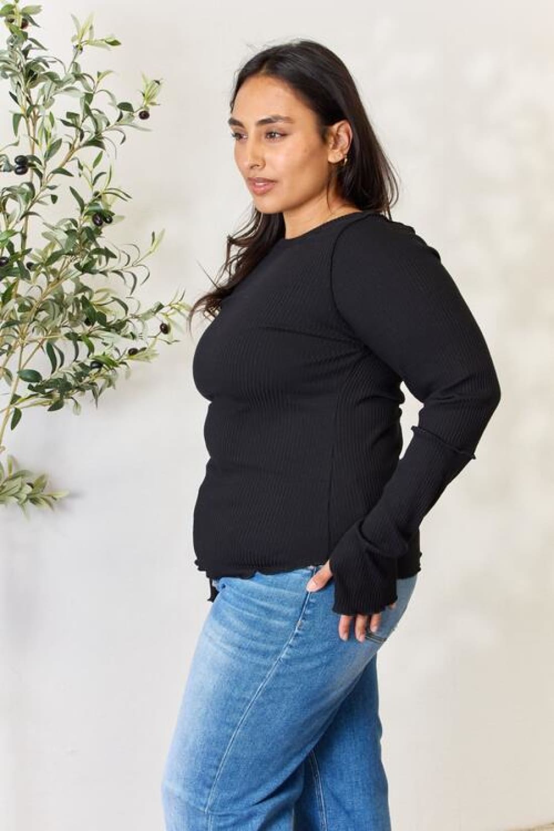 Thumbhole Ribbed Round Neck Long Sleeve Top | Long Sleeve Tops