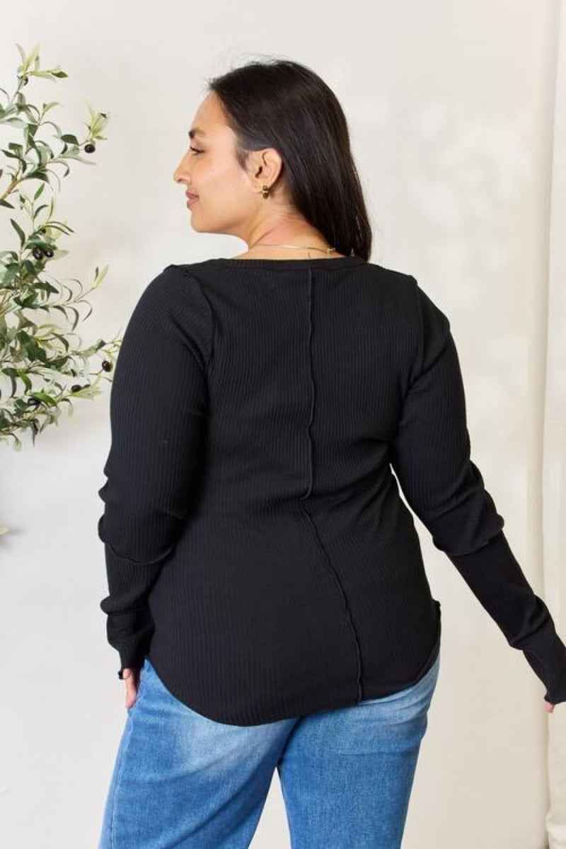 Thumbhole Ribbed Round Neck Long Sleeve Top | Tops