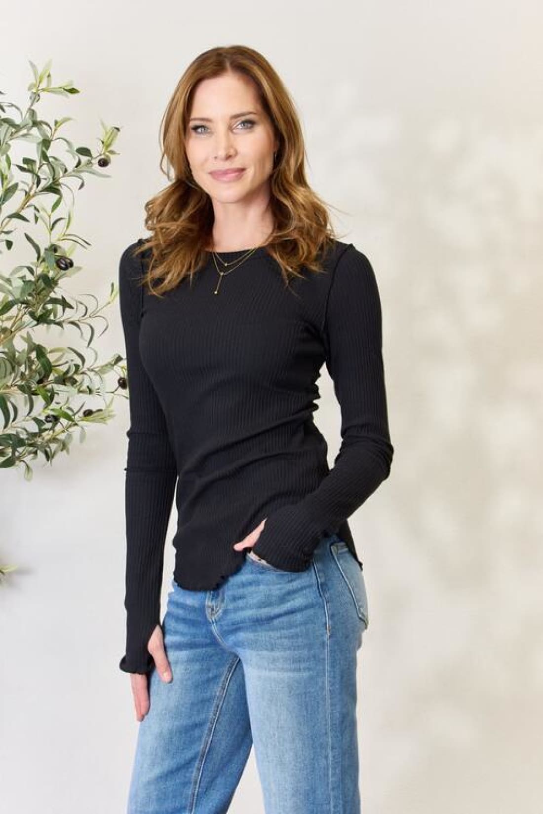 Thumbhole Ribbed Round Neck Long Sleeve Top | Long Sleeve Tops