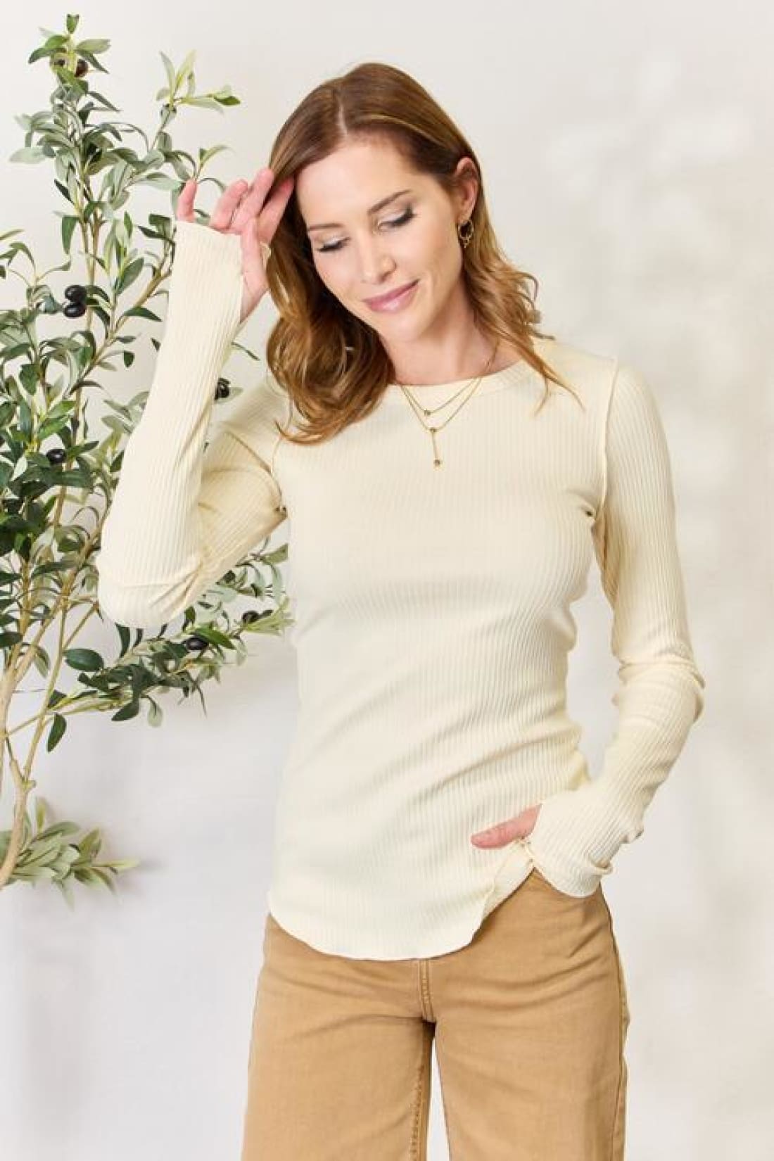 Thumbhole Ribbed Round Neck Long Sleeve Top | Long Sleeve Tops