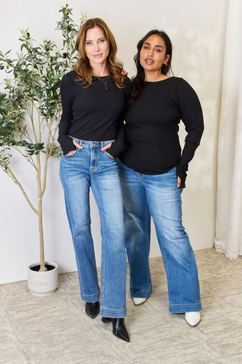 Thumbhole Ribbed Round Neck Long Sleeve Top