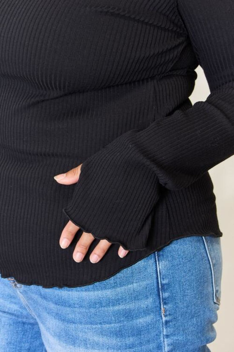 Thumbhole Ribbed Round Neck Long Sleeve Top