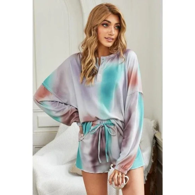 Tie Dye Knit Pajamas Shorts Year-Round Loungewear Set - Multicolor