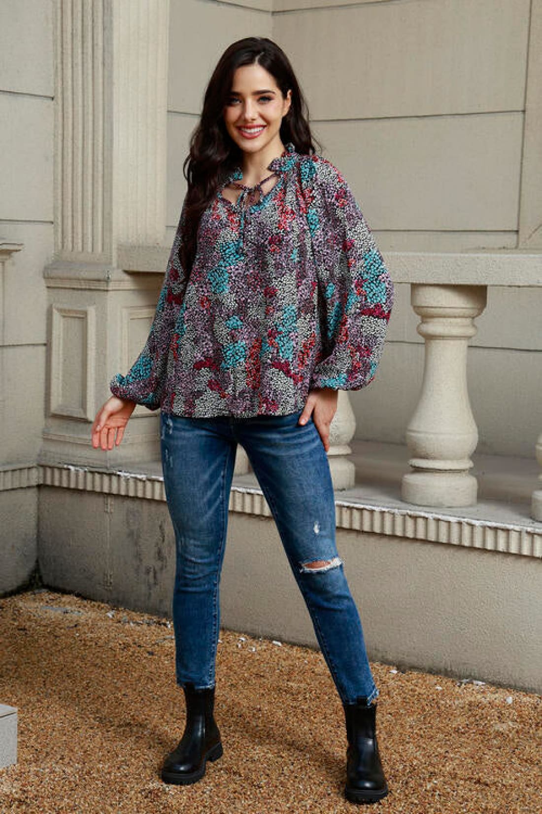 Tie Neck Heathered Balloon Sleeve Blouse | Blouses & Shirts