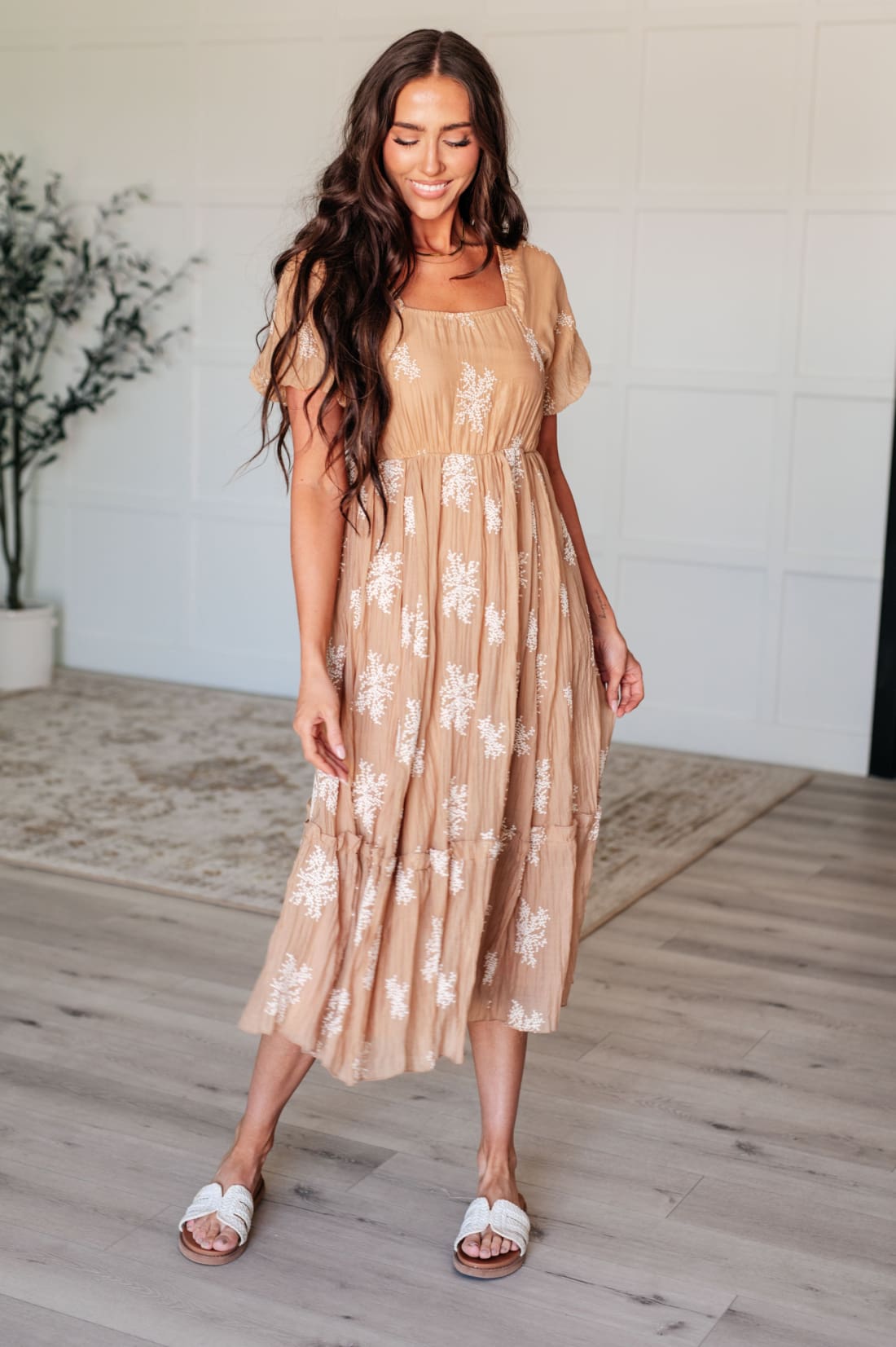 Trusting My Intuition Balloon Sleeve Dress in Camel | Midi Dresses