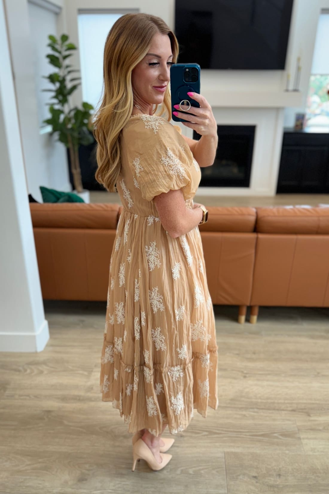 Trusting My Intuition Balloon Sleeve Dress in Camel | Midi Dresses