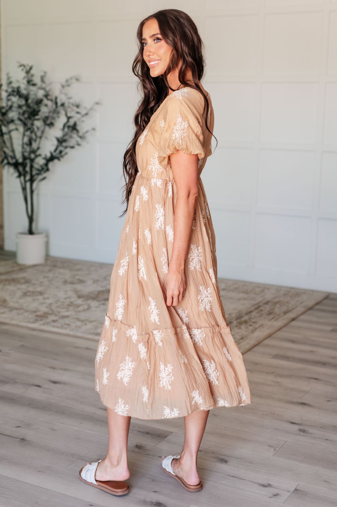 Trusting My Intuition Balloon Sleeve Dress in Camel | Midi Dresses