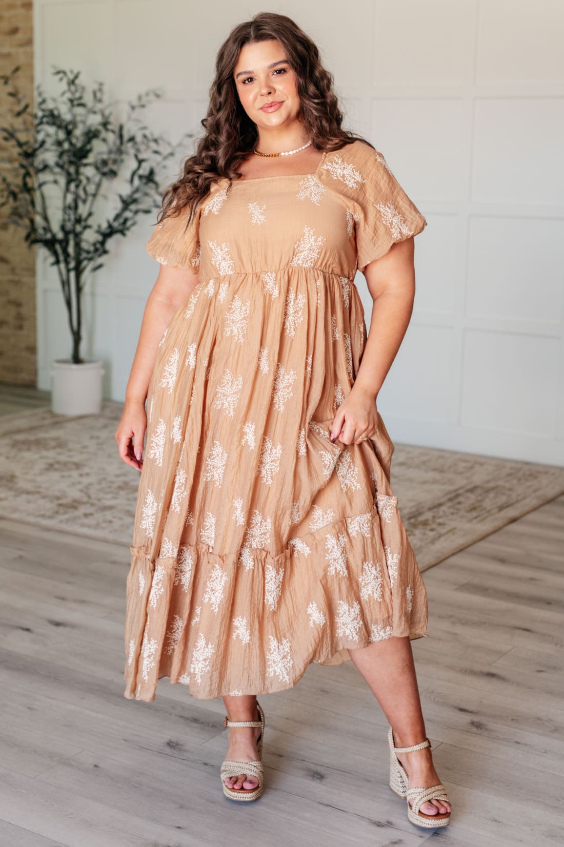 Trusting My Intuition Balloon Sleeve Dress in Camel | Midi Dresses