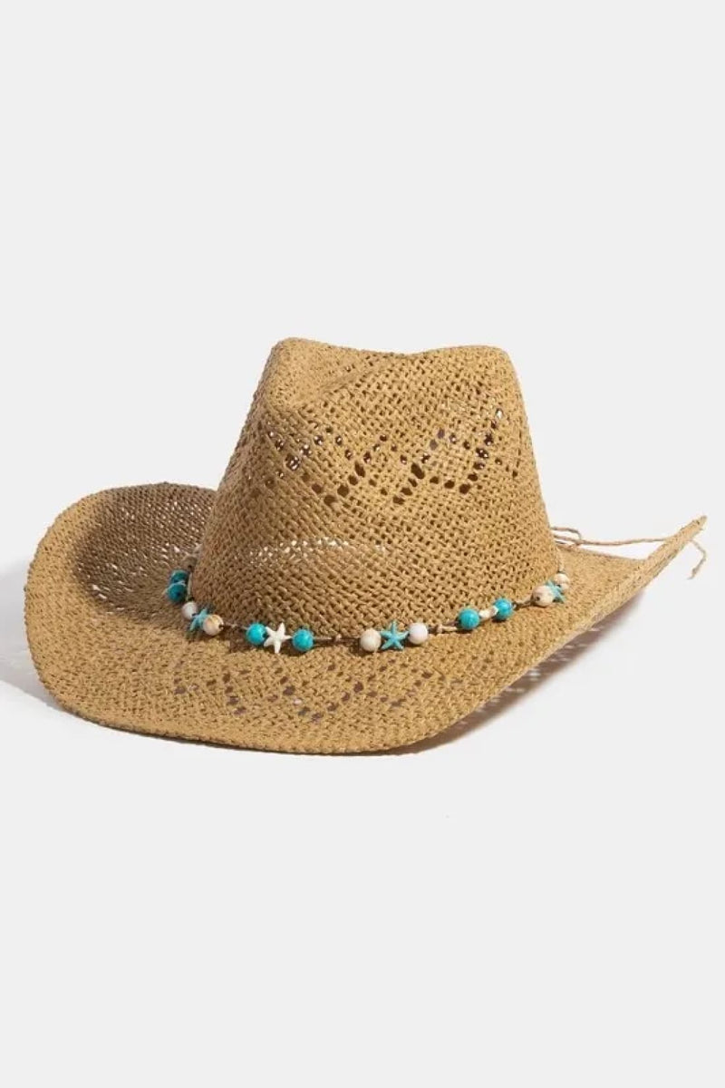 Turquoise and Shell Star Beads Western Straw Hat