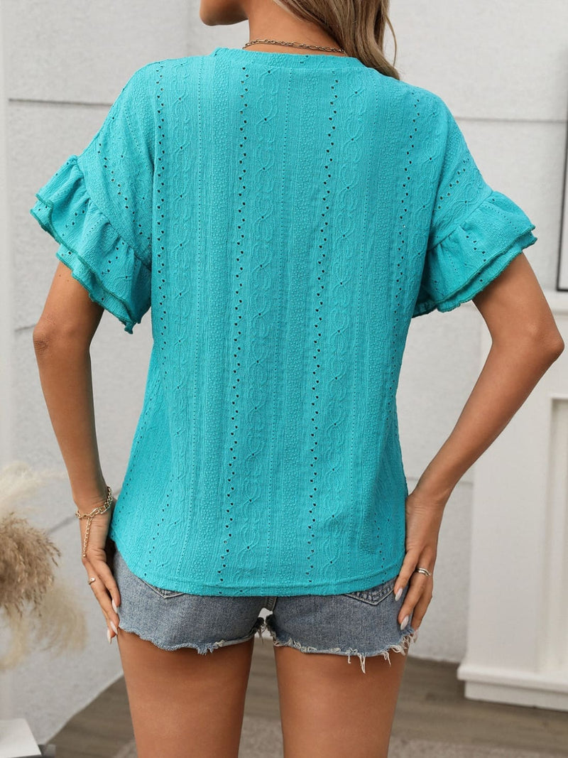 Turquoise Eyelet Flounce Sleeve Top - Limited Quantities