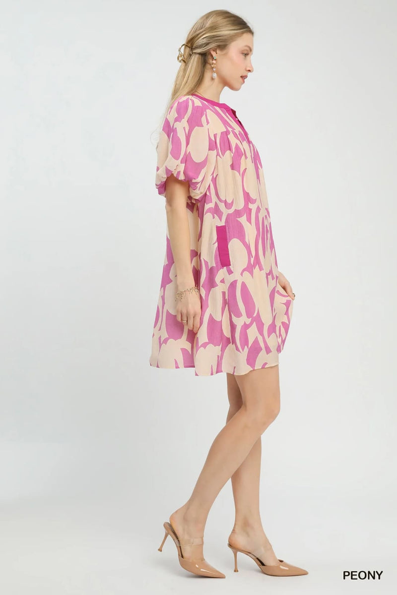 Umgee Abstract Print Puff Sleeve Shift Dress