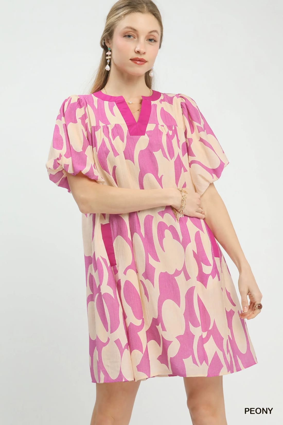 Umgee Abstract Print Puff Sleeve Shift Dress