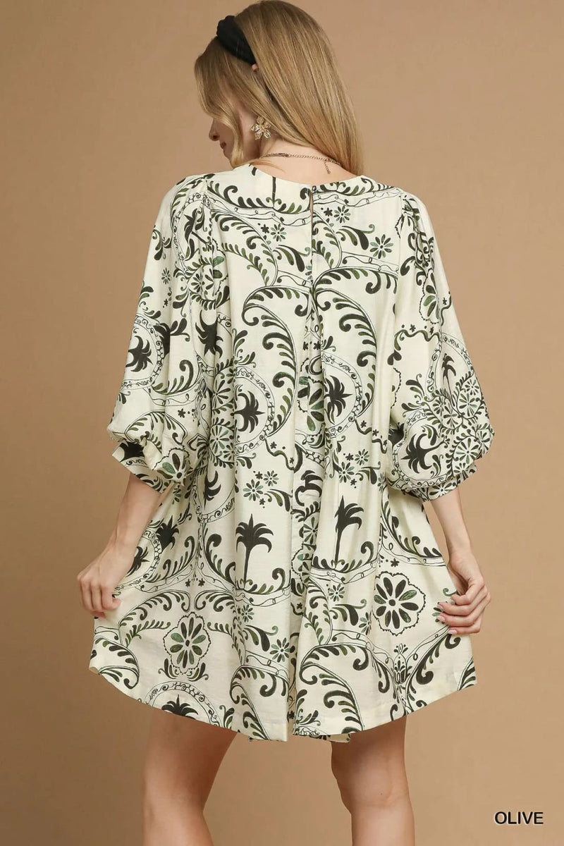 Umgee Boho Printed Balloon Sleeve Mini Dress