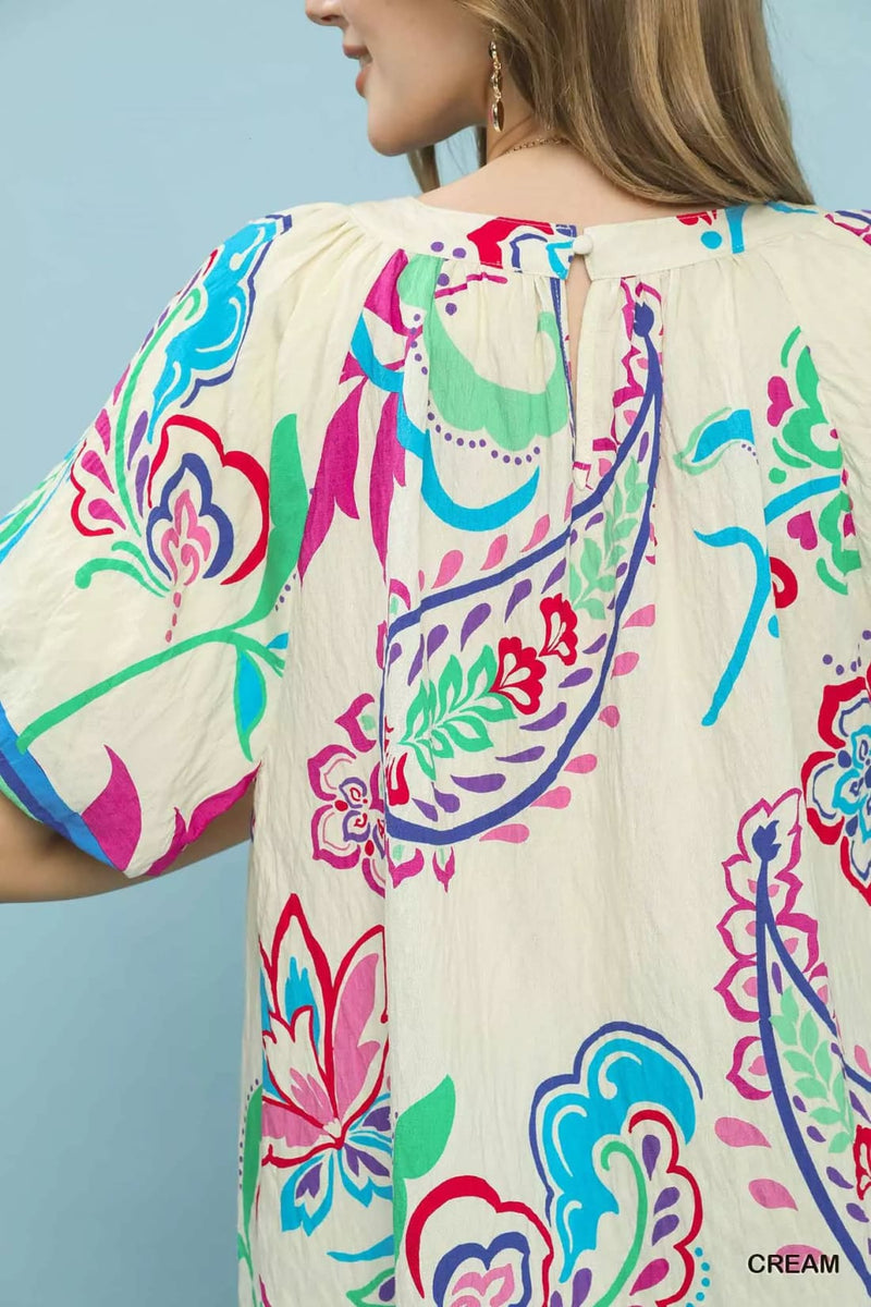 Umgee Border Print Puff Sleeve Blouse