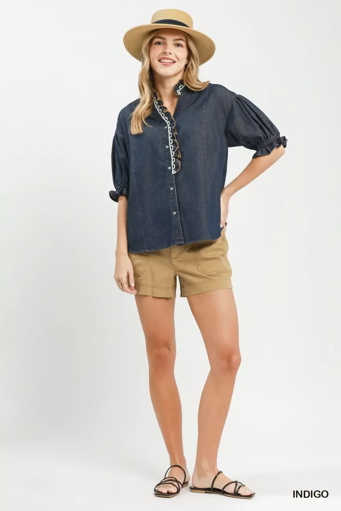 Umgee Chambray Scalloped Trim Button Front Blouse