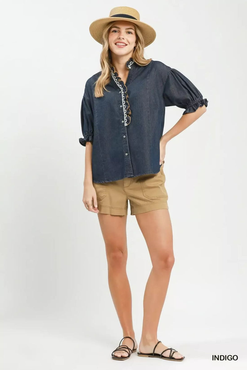 Umgee Chambray Scalloped Trim Button Front Blouse