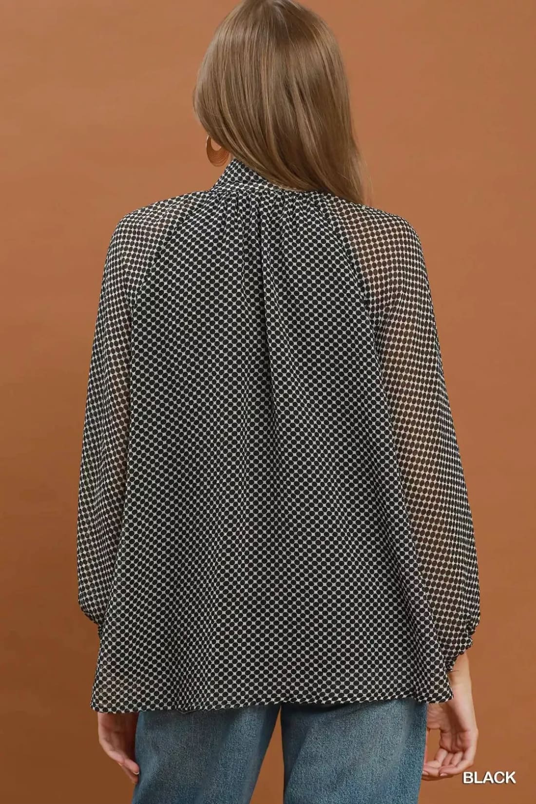Umgee Dot Print Tie Neck Long Sleeve Blouse