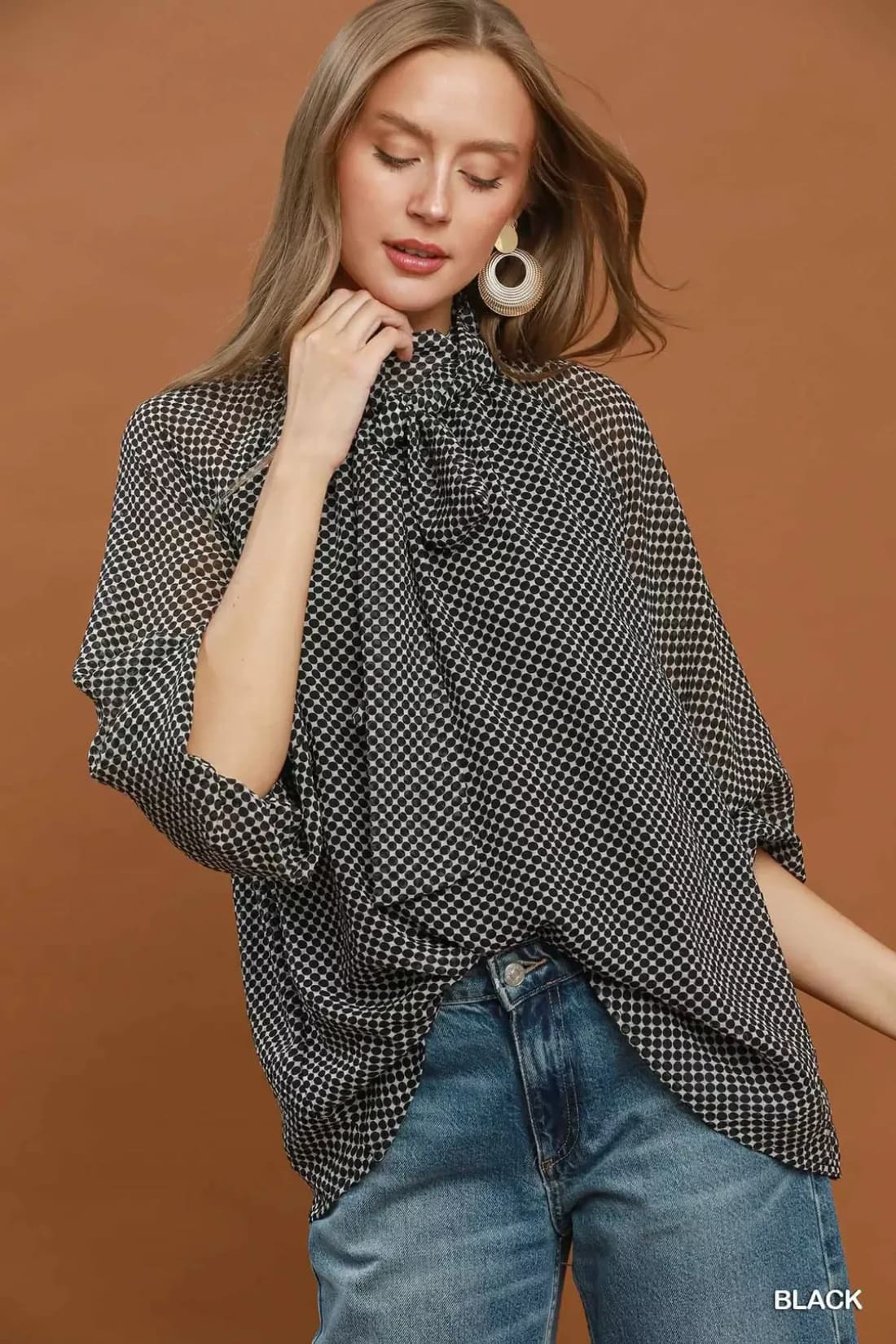 Umgee Dot Print Tie Neck Long Sleeve Blouse