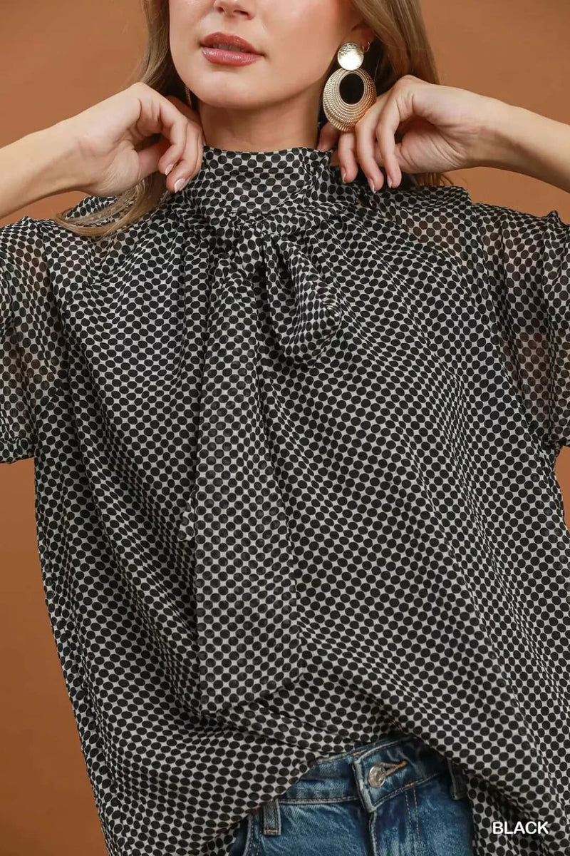 Umgee Dot Print Tie Neck Long Sleeve Blouse
