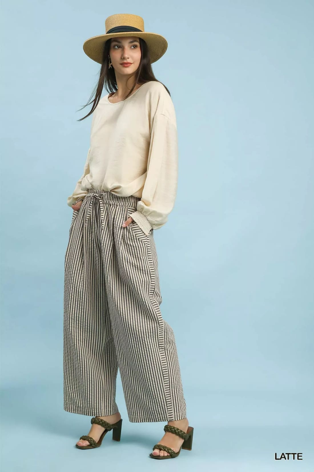 Umgee Drawstring Striped Wide-Leg Pants